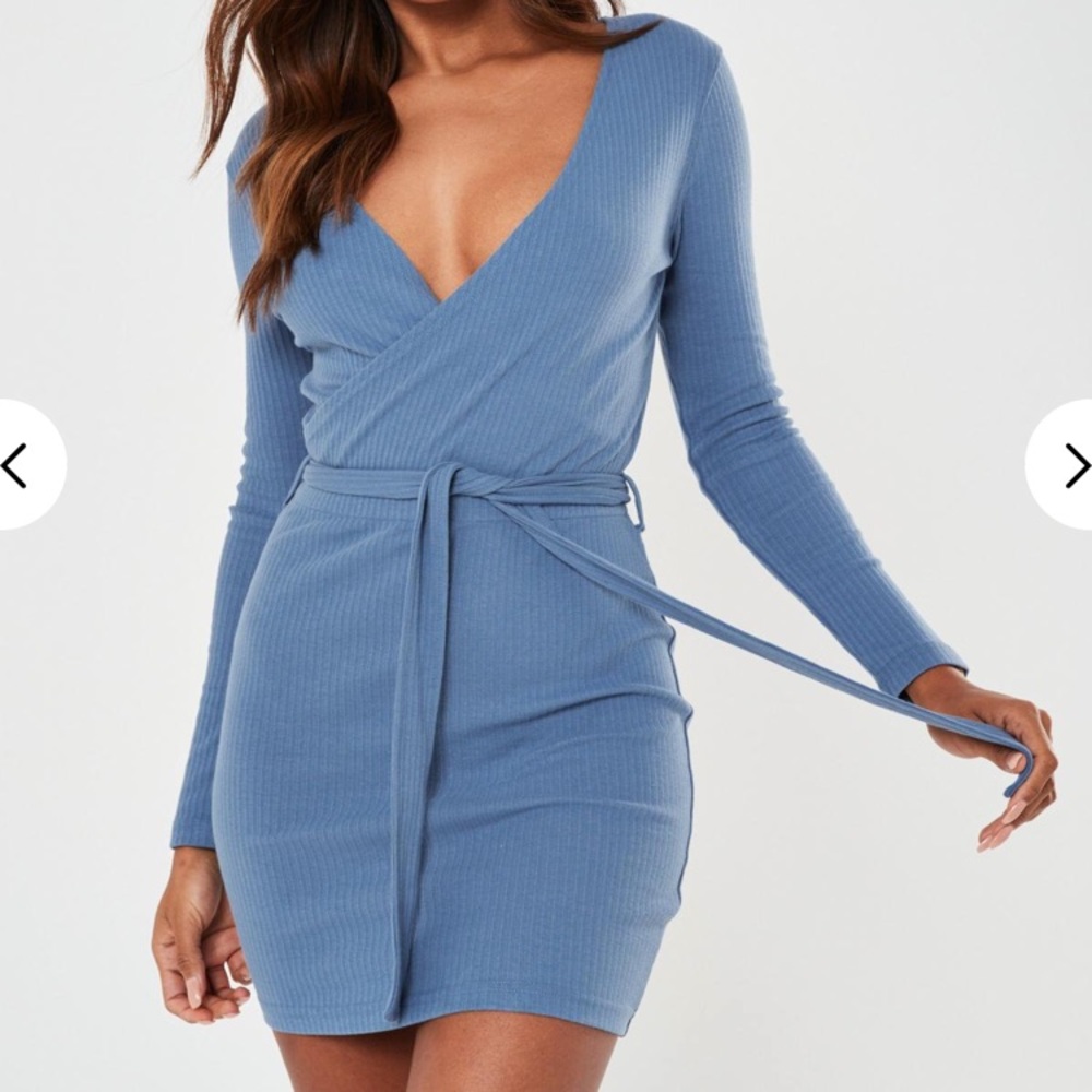 Misguided Ribbed Long Sleeve Wrap Dress NWT